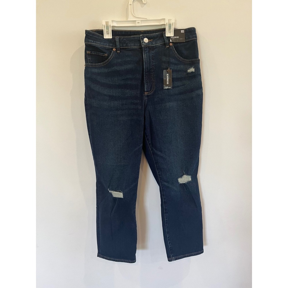 Express Curvy Slim Super High Rise Distressed Dark Wash Jeans 10S - 096